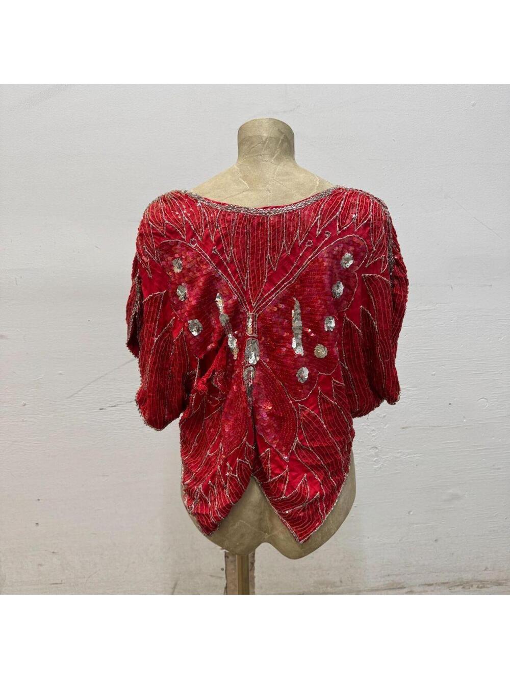 Vintage Broadway Costume 70s Red Sequin Beaded Butterfly Silk Fairy Top 3 - Picture 7 of 8